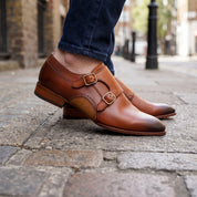 Men's Tan Plain-Toe Leather Double Monk Strap Oxfords — Blaxley