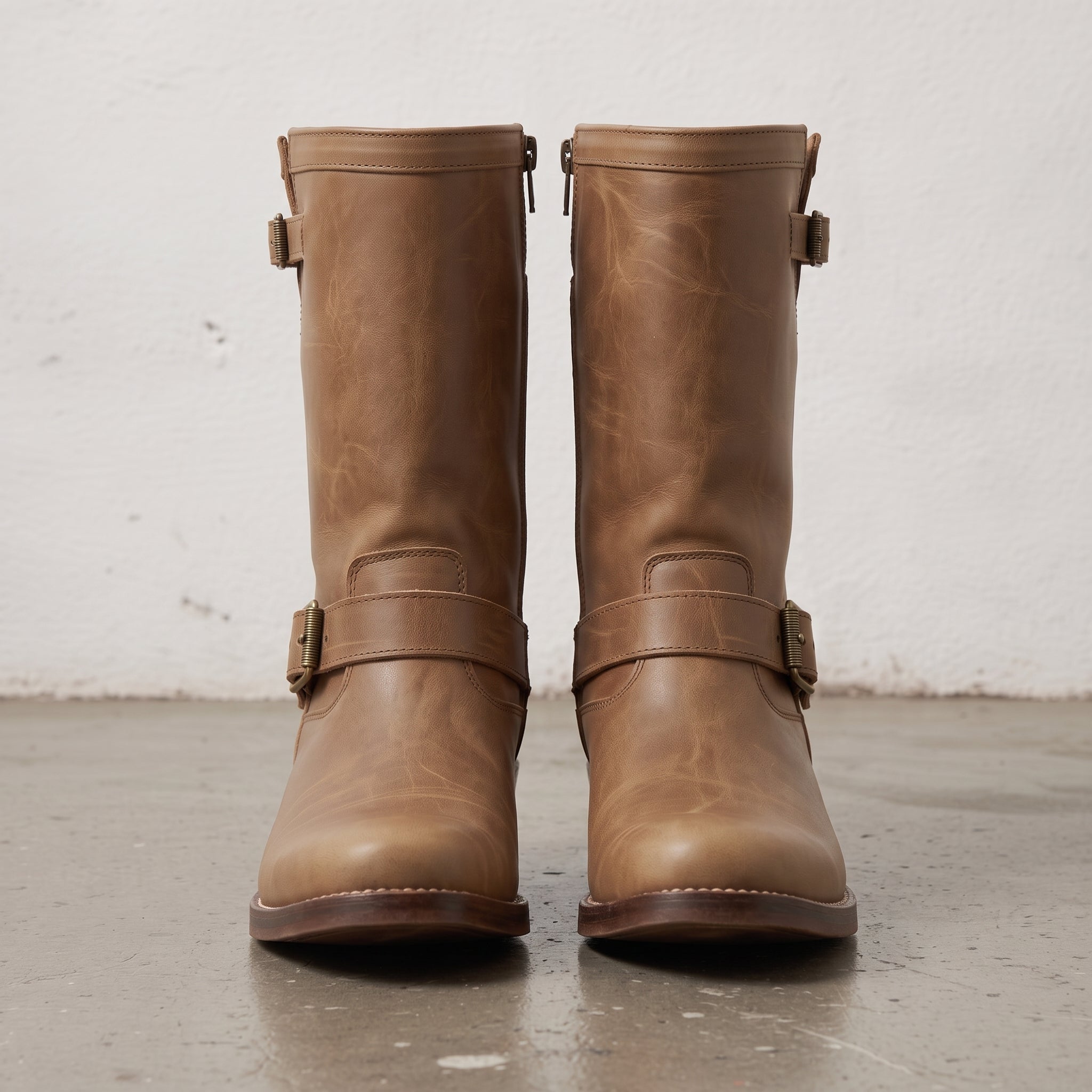Men's Tan Plain-Toe Leather Biker Boots — Aylesham