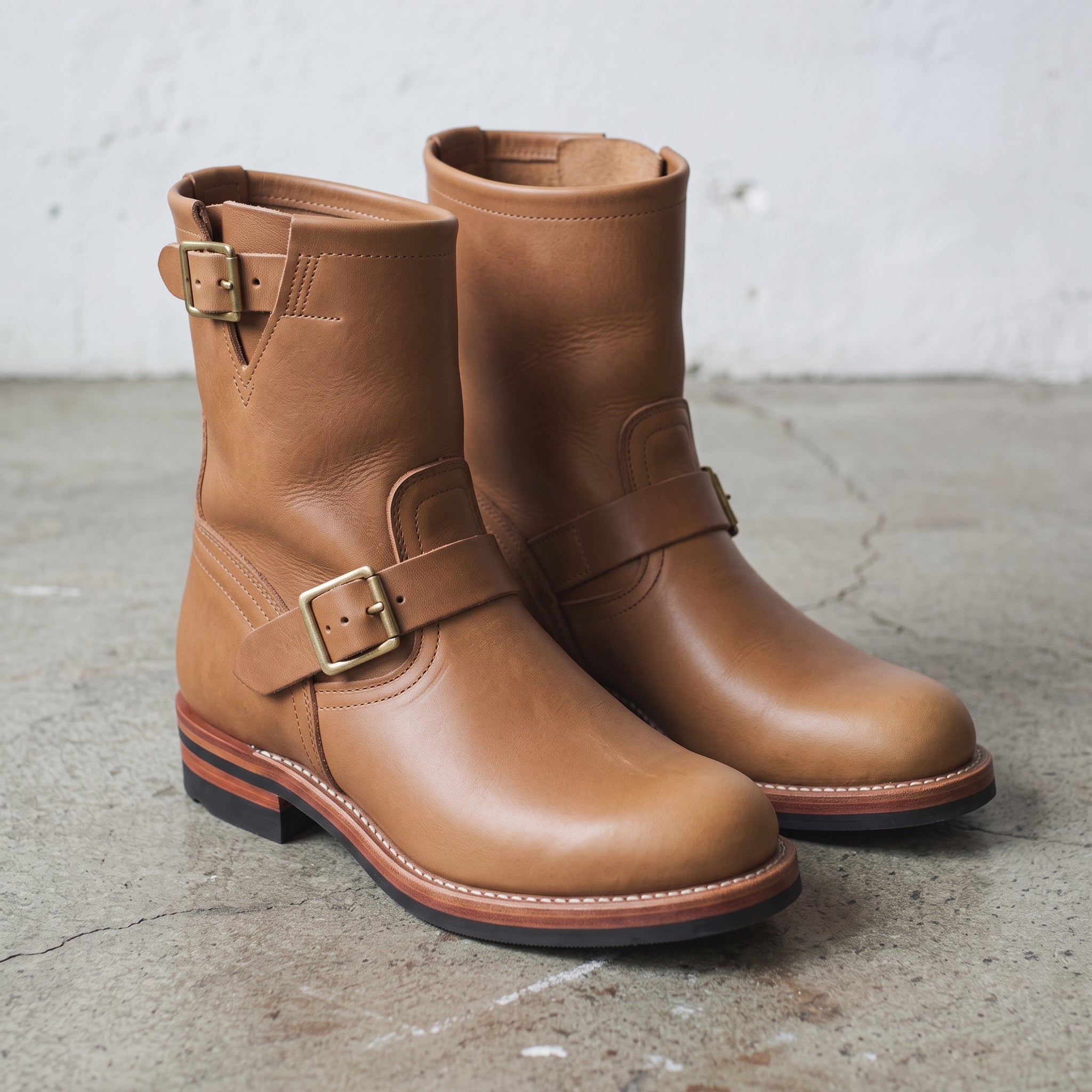 Men's Tan Plain-Toe Leather Biker Boots — Bolton