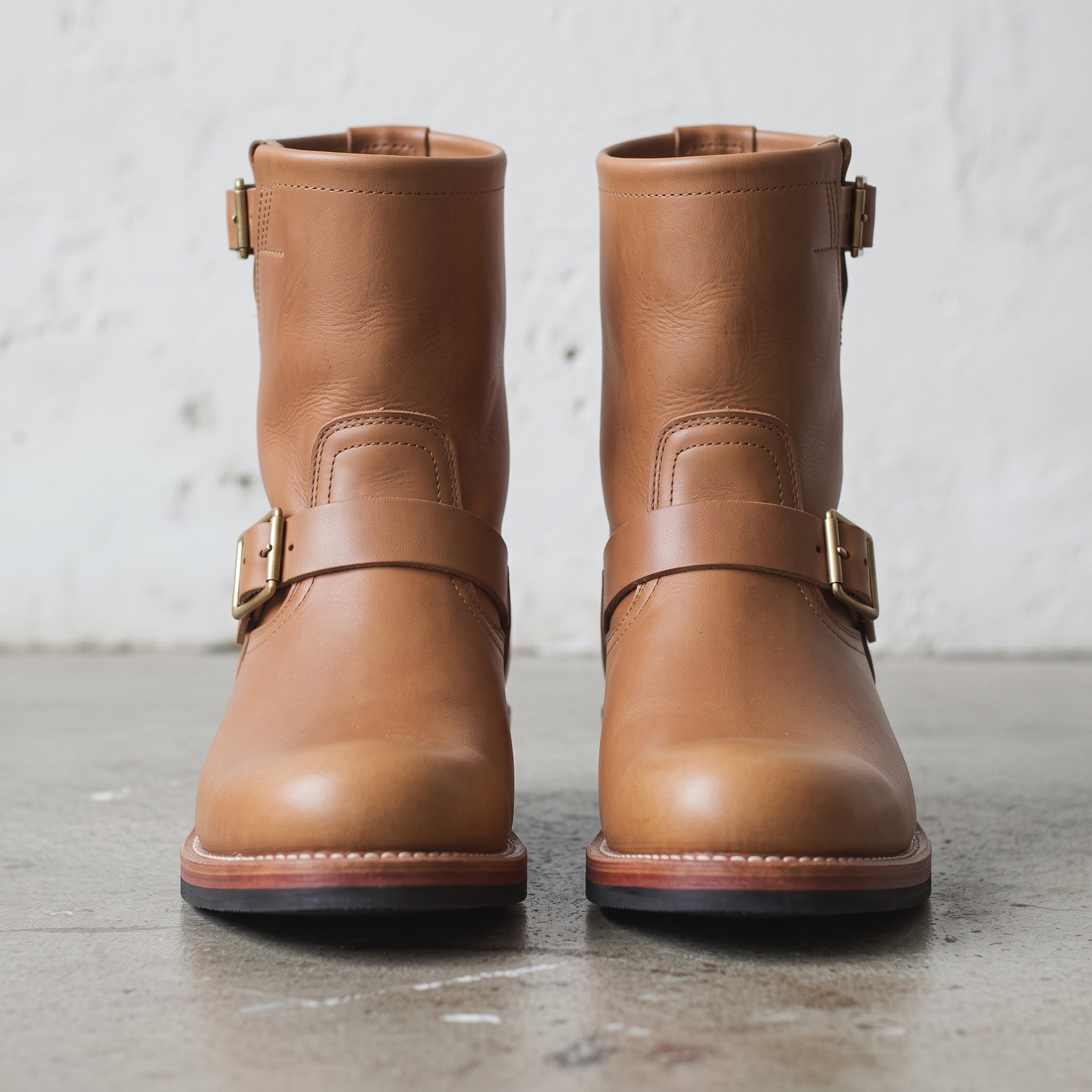 Men's Tan Plain-Toe Leather Biker Boots — Bolton