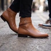 Men's Tan Plain-Toe Leather Monk Boots — Marden