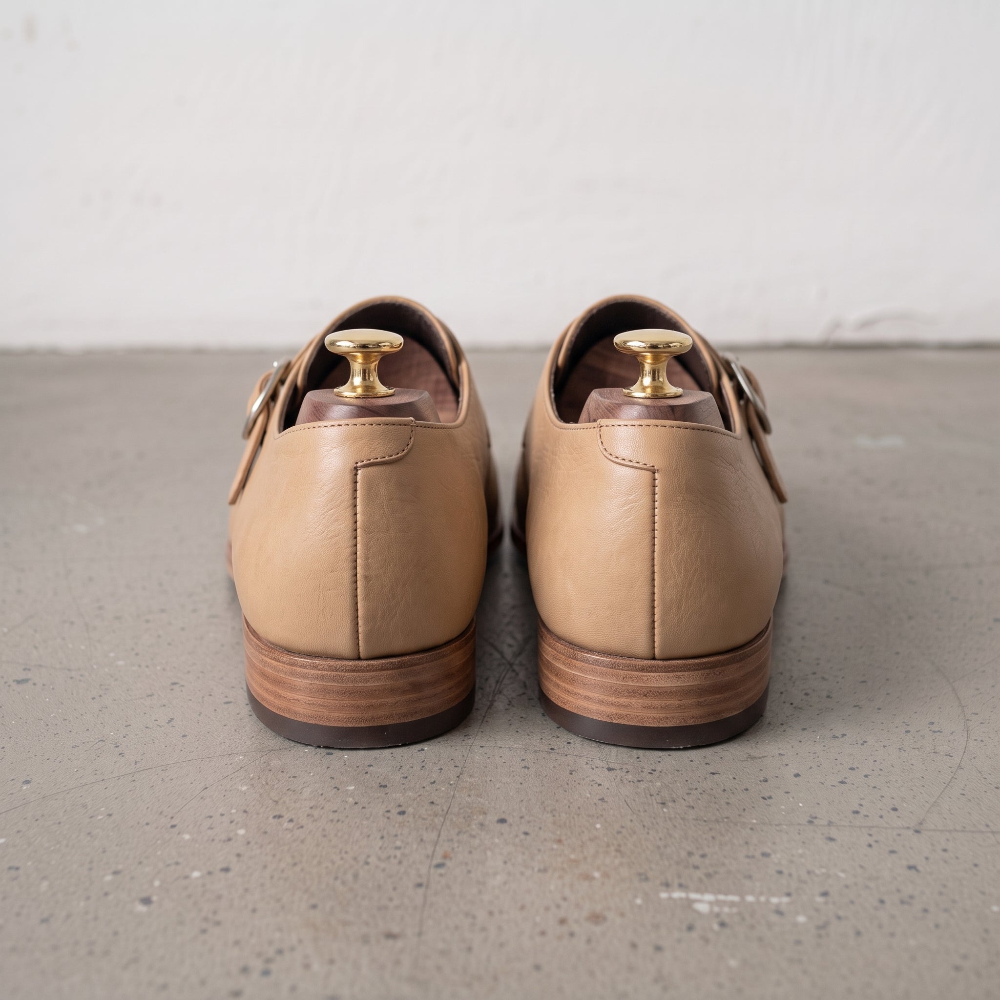 Men's Tan Plain-Toe Leather Monk Strap Shoes — Attley