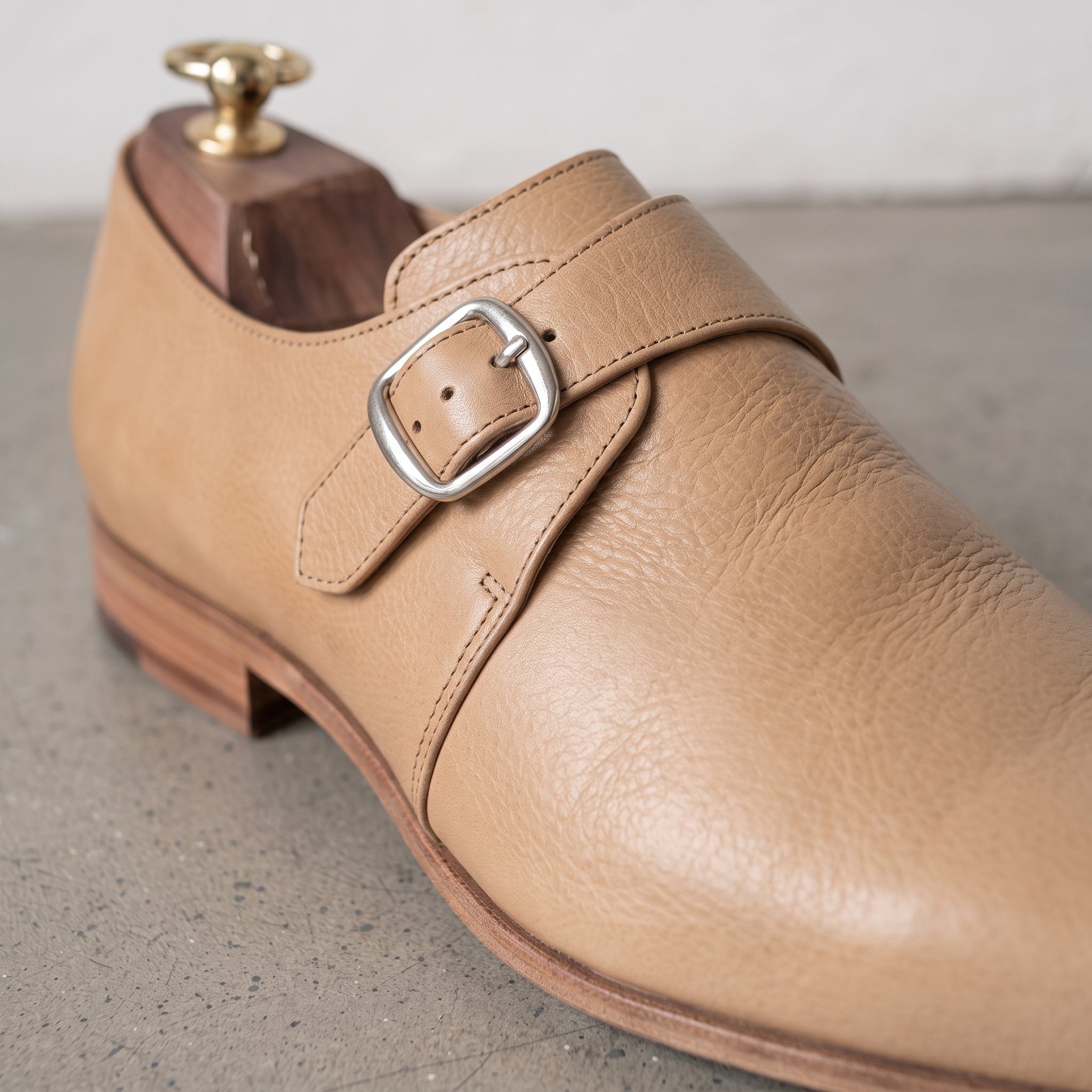 Men's Tan Plain-Toe Leather Monk Strap Shoes — Attley