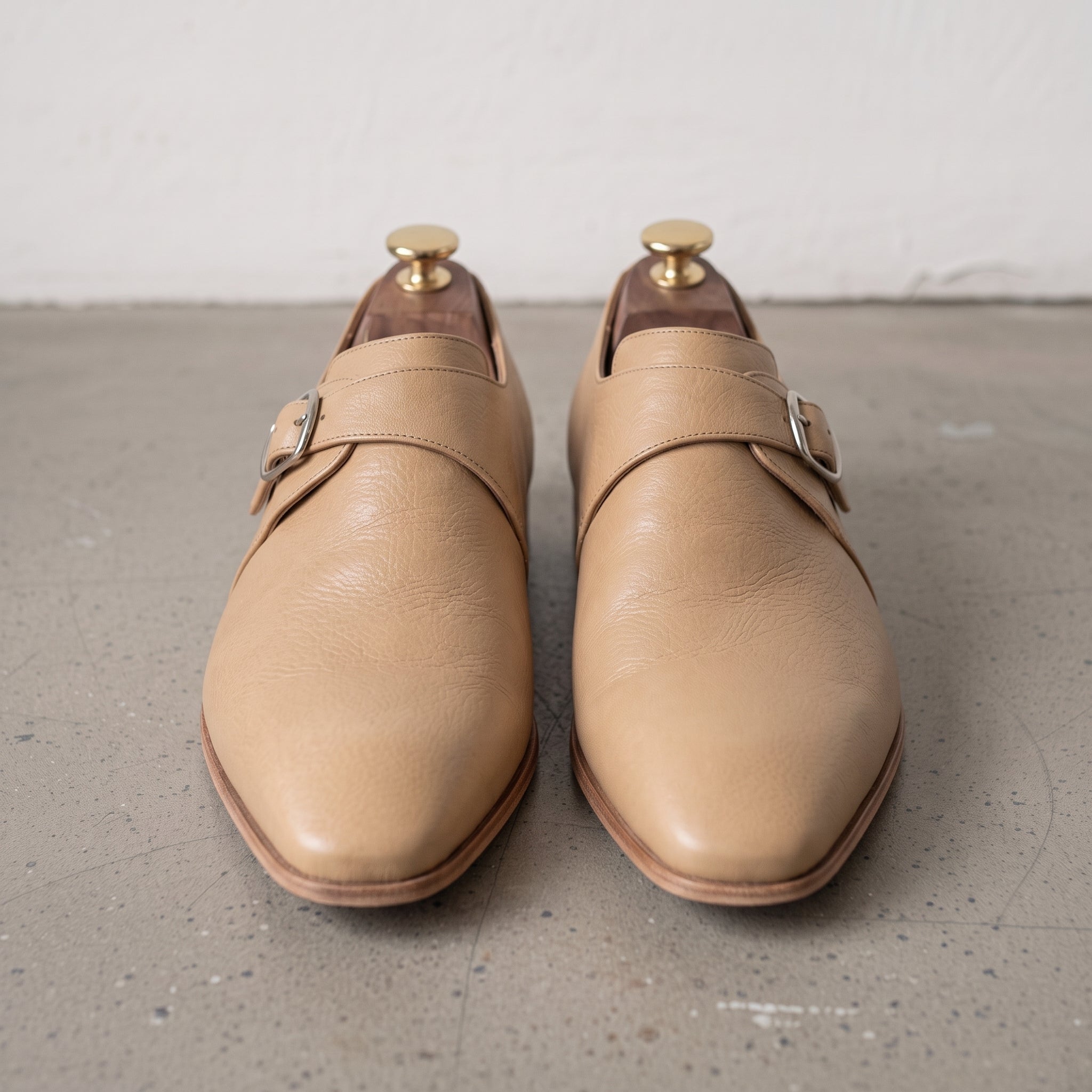 Men's Tan Plain-Toe Leather Monk Strap Shoes — Attley