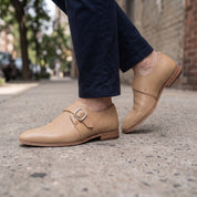 Men's Tan Plain-Toe Leather Monk Strap Shoes — Attley