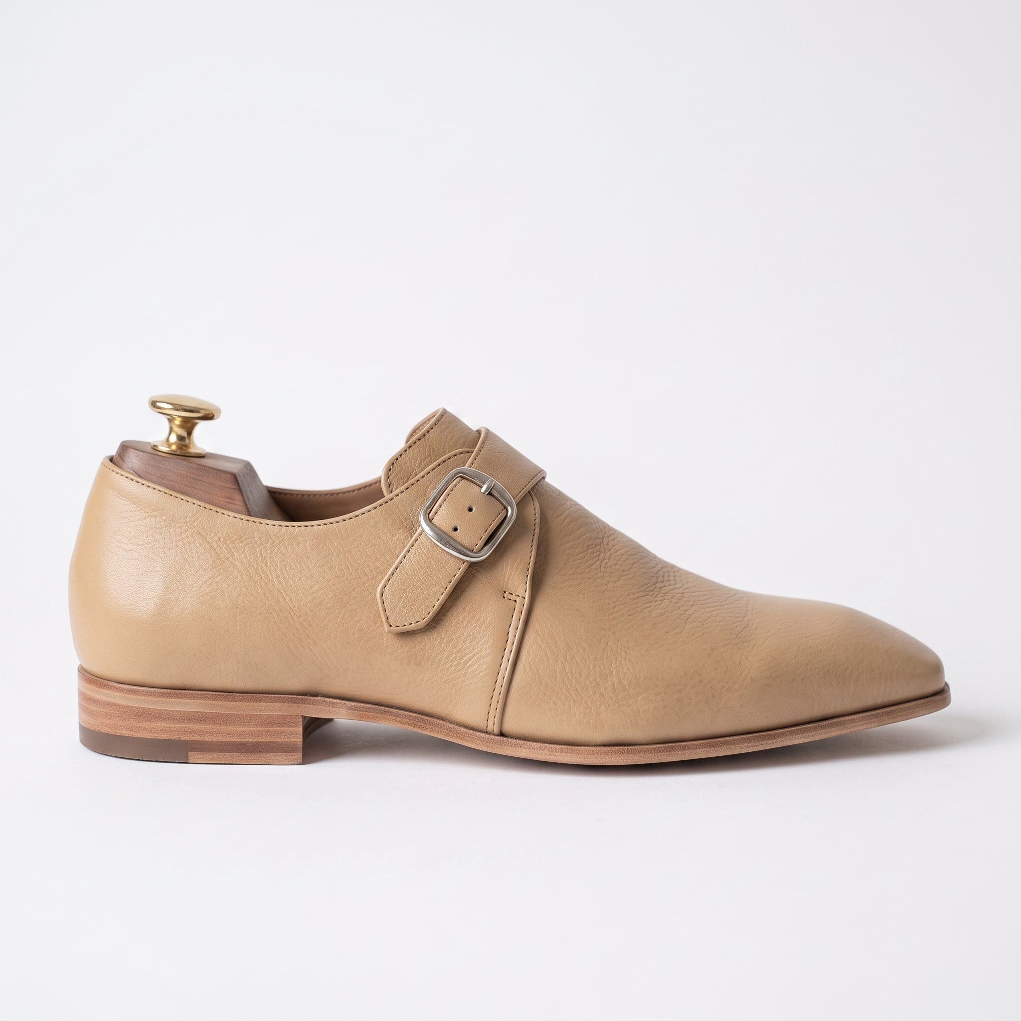 Men's Tan Plain-Toe Leather Monk Strap Shoes — Attley