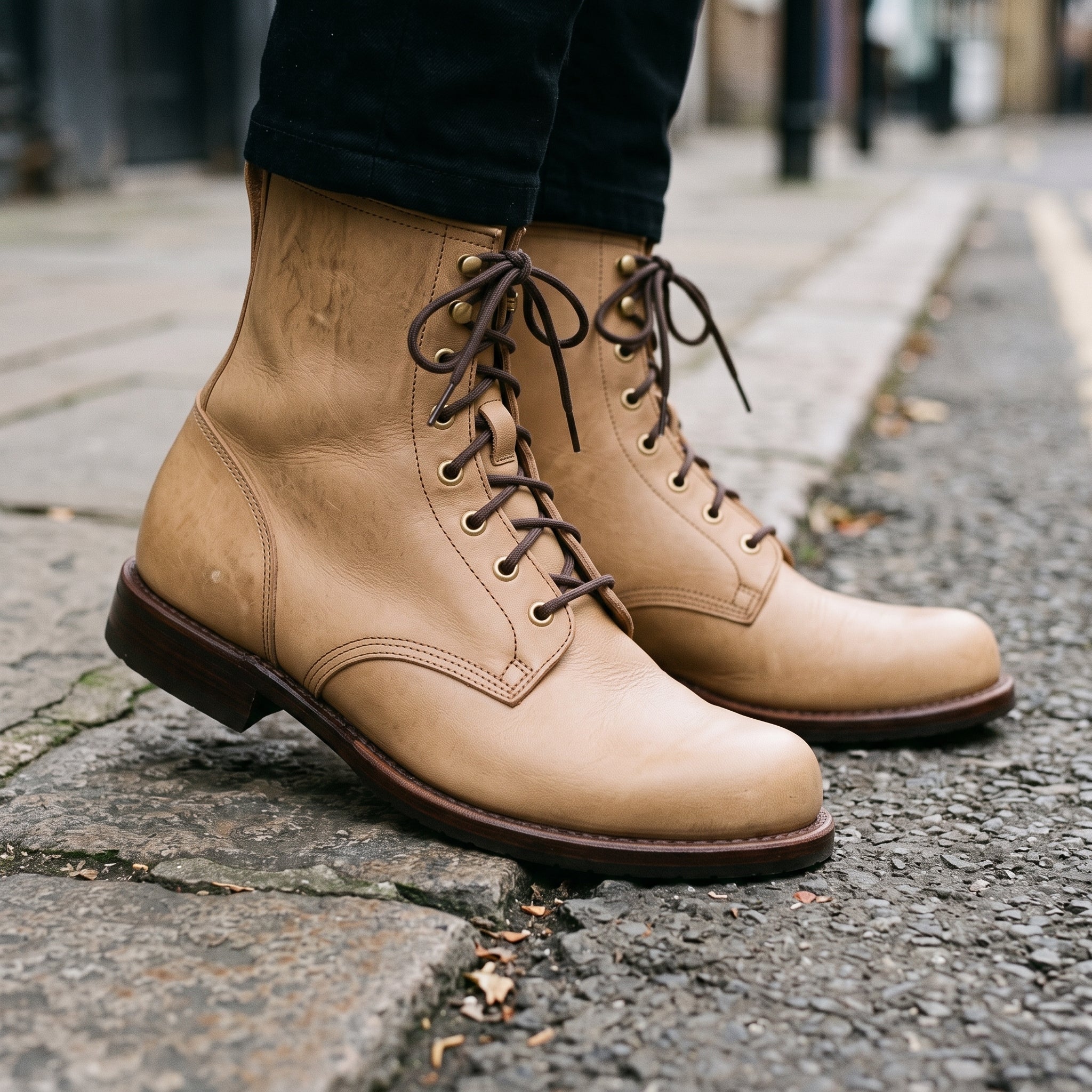 Men's Tan Plain-Toe Leather Service Boots — Huntington