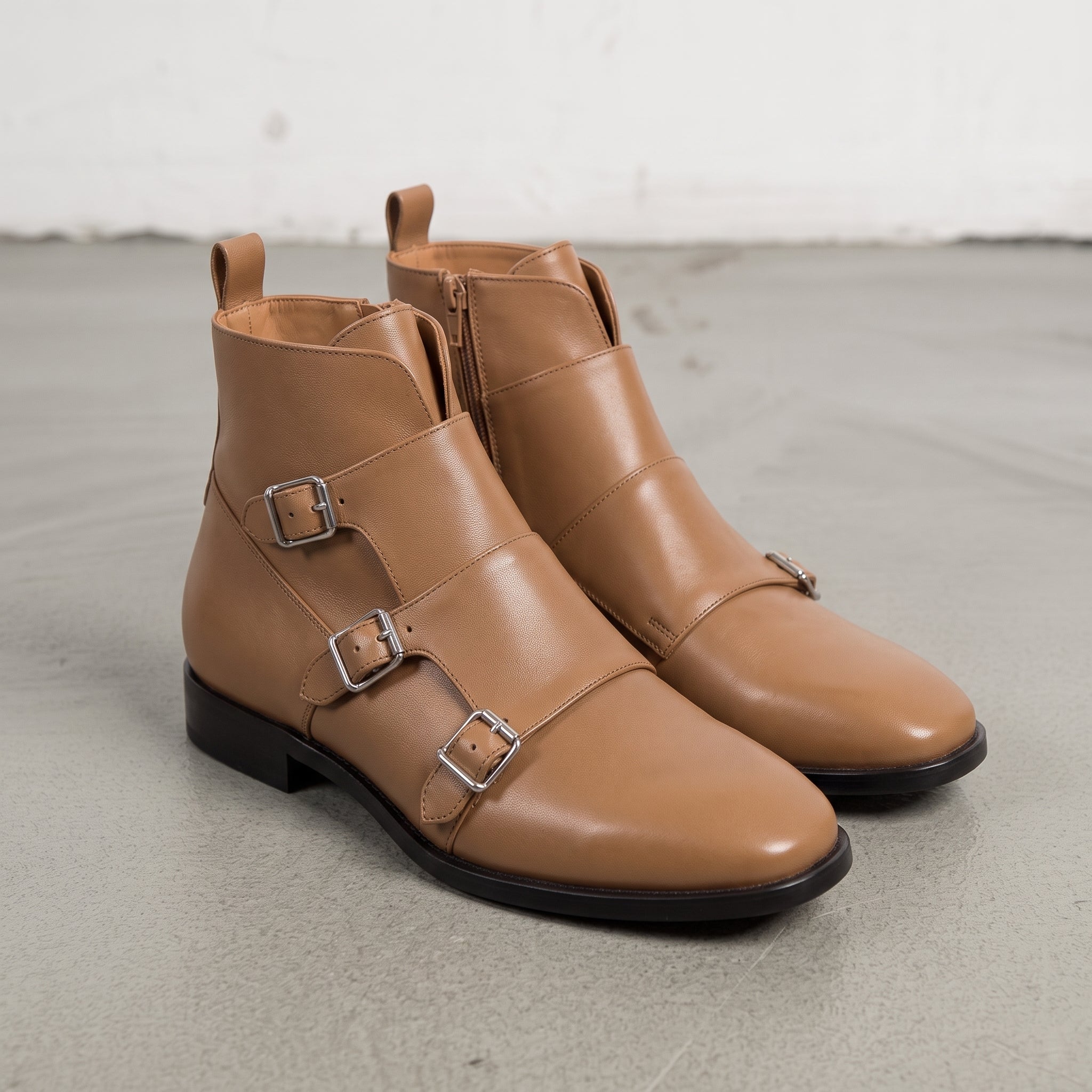 Men's Tan Leather Double Monk Ankle Boots — Fovant