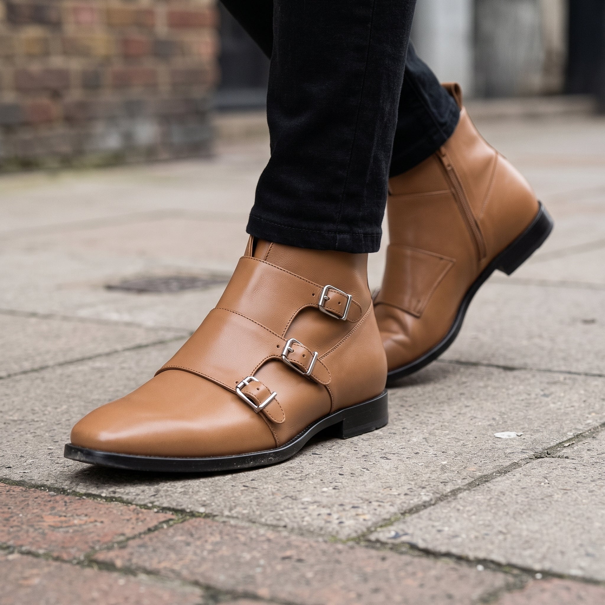 Men's Tan Leather Double Monk Ankle Boots — Fovant