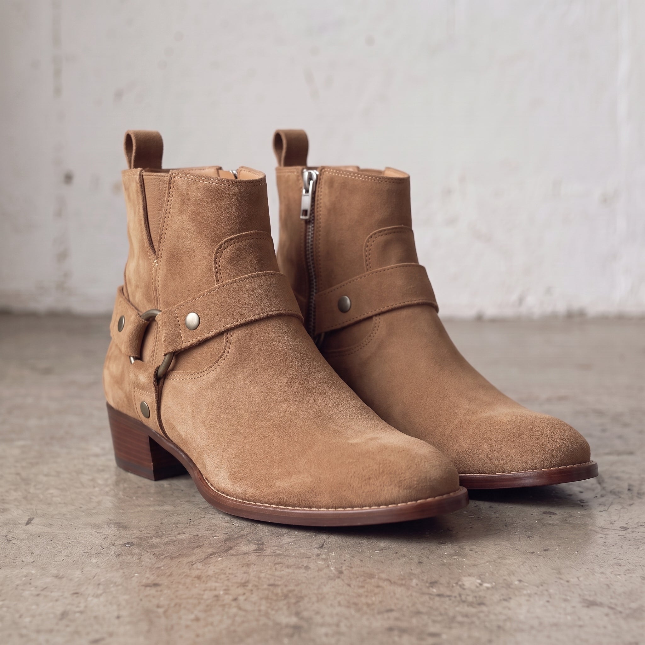 Men's Tan Plain-Toe Suede Harness Boots — Dalton