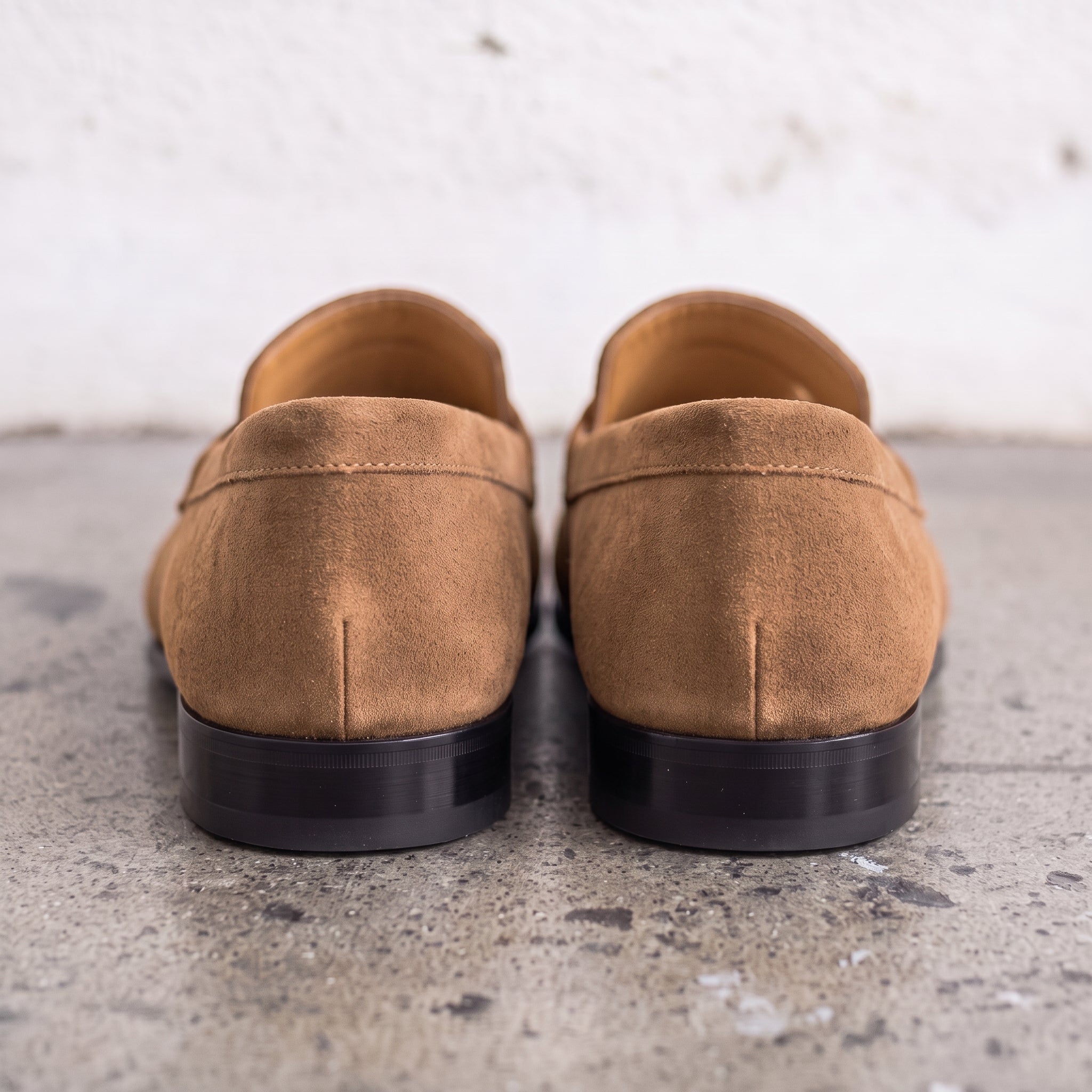 Men's Tan Apron-Toe Suede Penny Loafers — Dedham