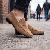 Men's Tan Apron-Toe Suede Penny Loafers — Dedham