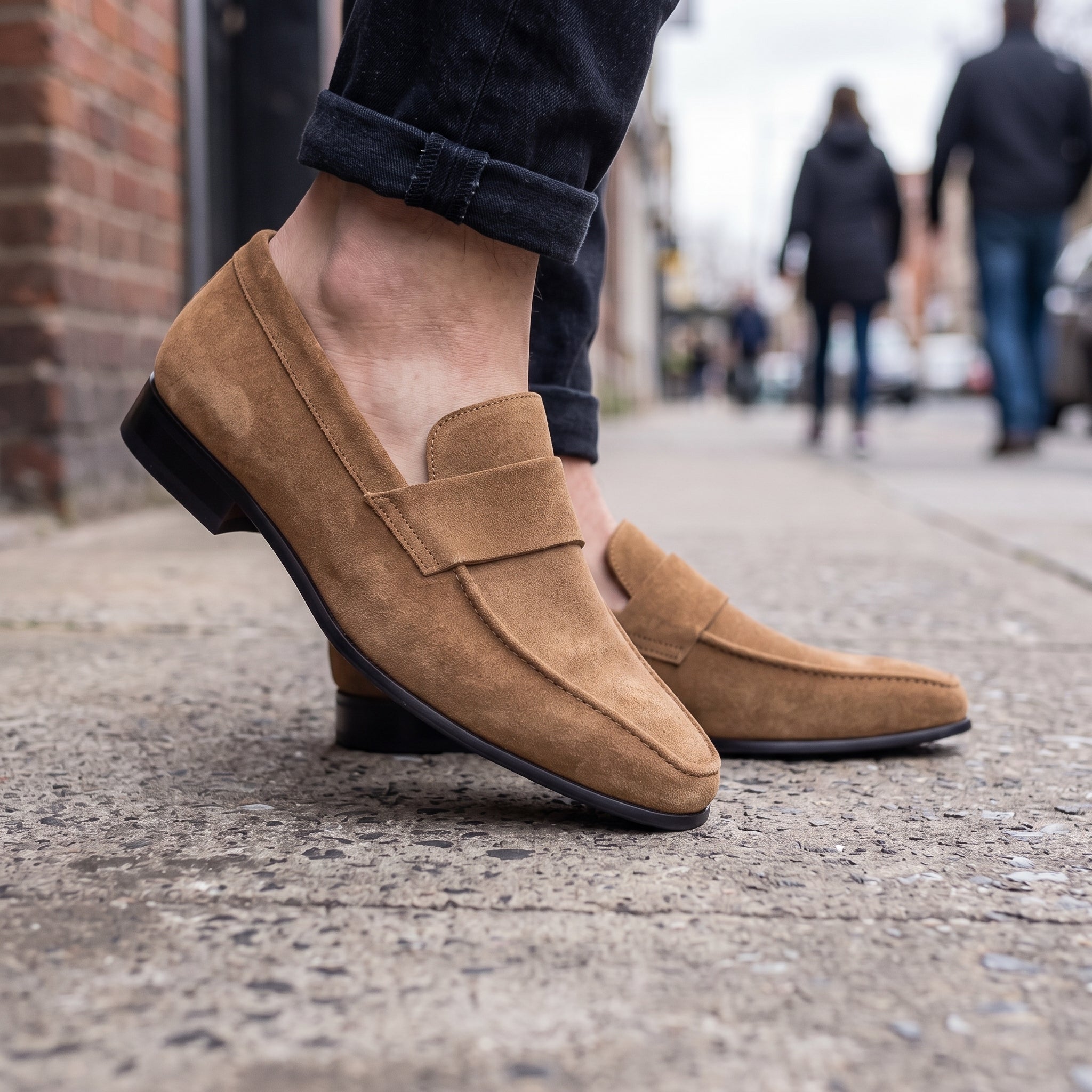 Men's Tan Apron-Toe Suede Penny Loafers — Dedham