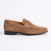 Men's Tan Apron-Toe Suede Penny Loafers — Dedham