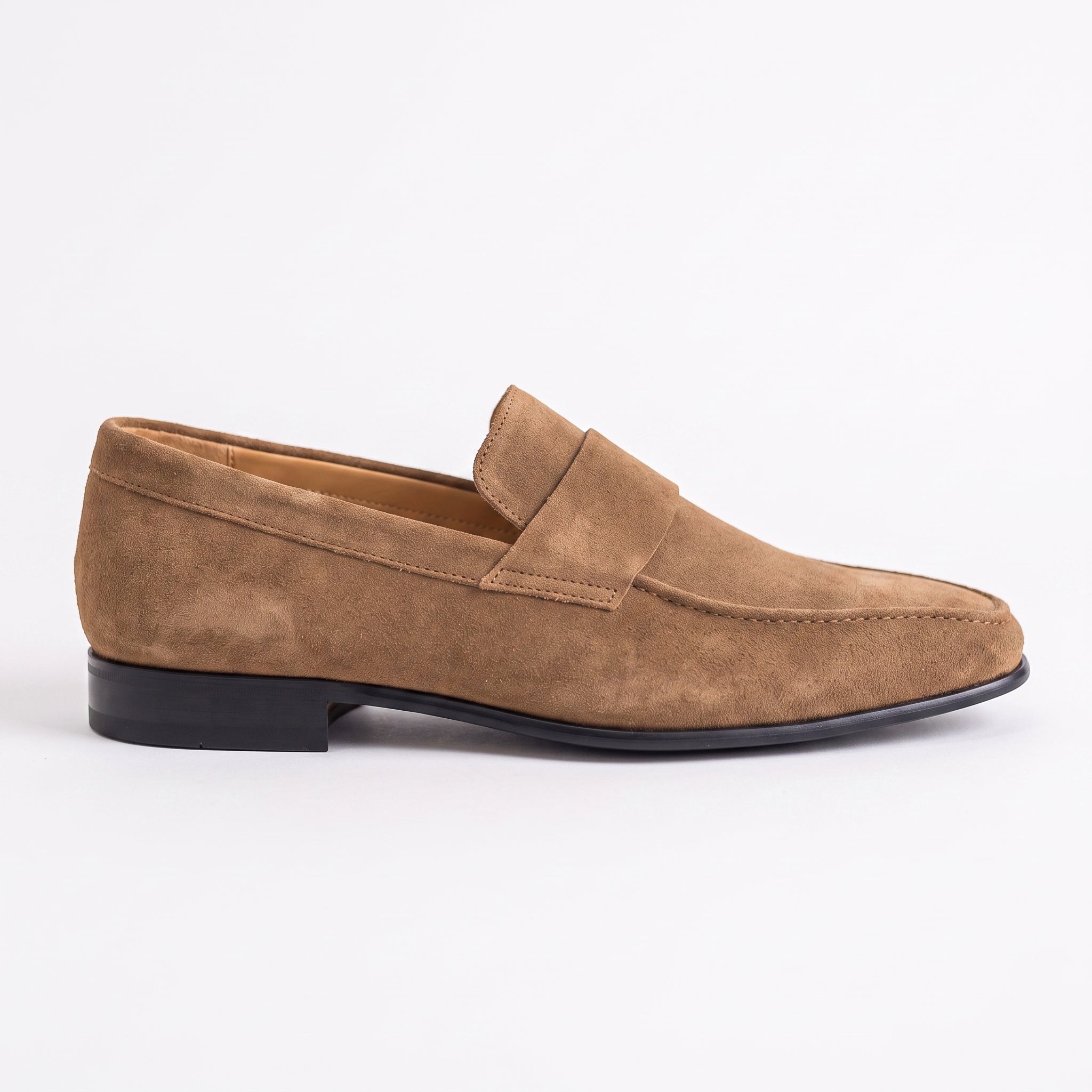 Men's Tan Apron-Toe Suede Penny Loafers — Dedham