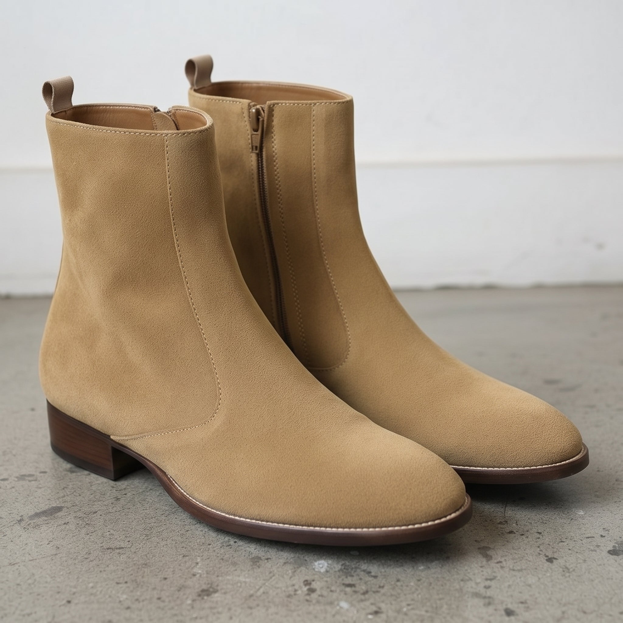 Men's Tan Plain-Toe Suede Side-Zip Ankle Boots — Fareham