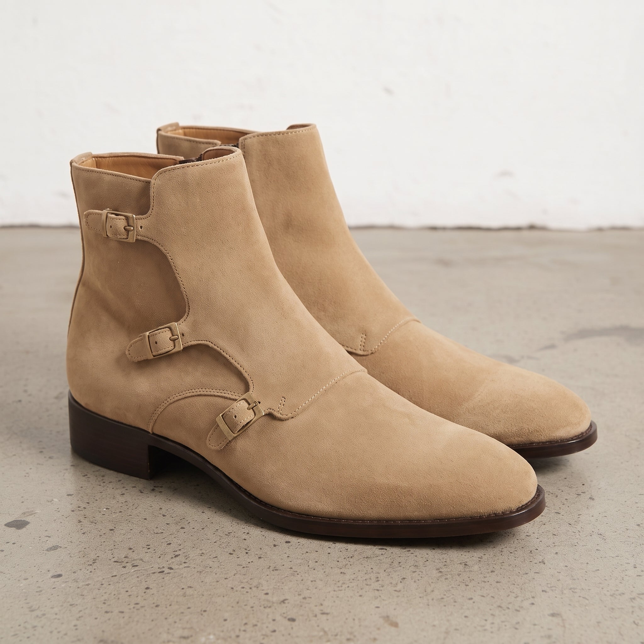 Men's Tan Plain-Toe Suede Triple Monk Boots — Hawley