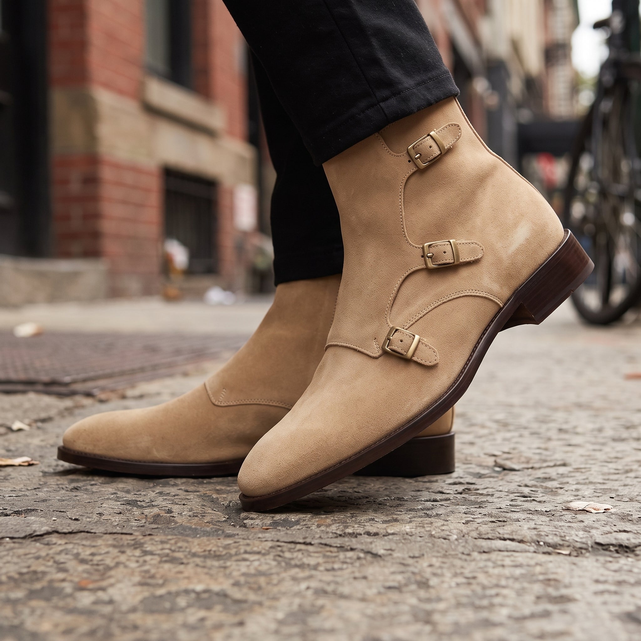 Men's Tan Plain-Toe Suede Triple Monk Boots — Hawley