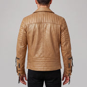 Men's Tan Quilted Leather Biker Jacket — Abbett