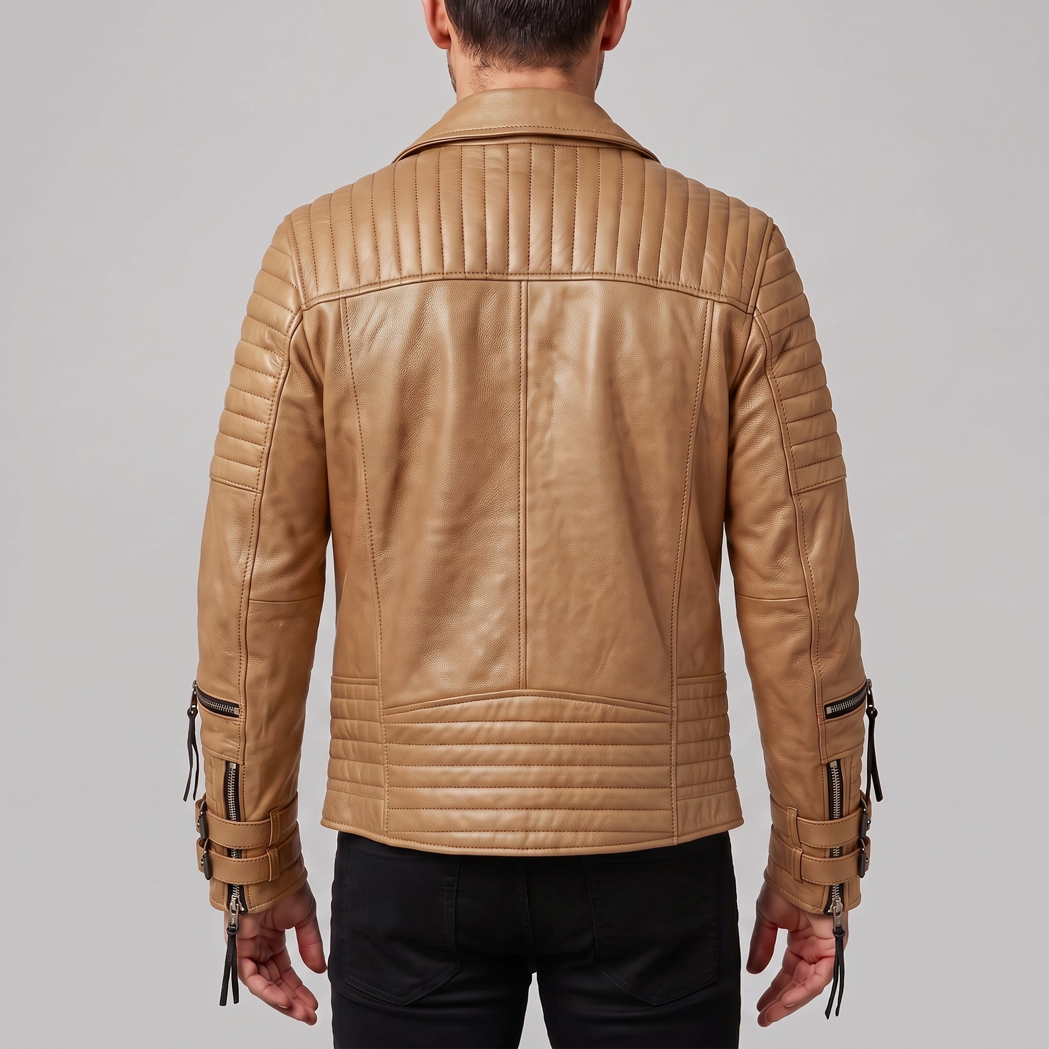 Men's Tan Quilted Leather Biker Jacket — Abbett