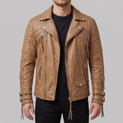 Men's Tan Quilted Leather Biker Jacket — Abbett