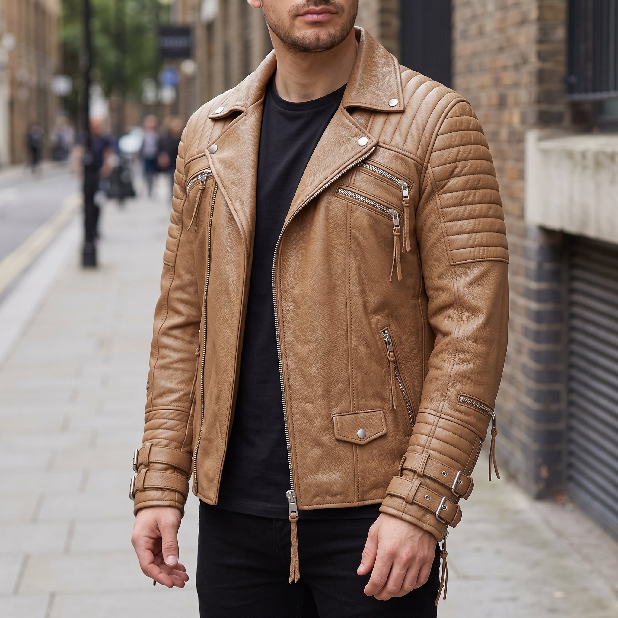 Men's Tan Quilted Leather Biker Jacket — Abbett