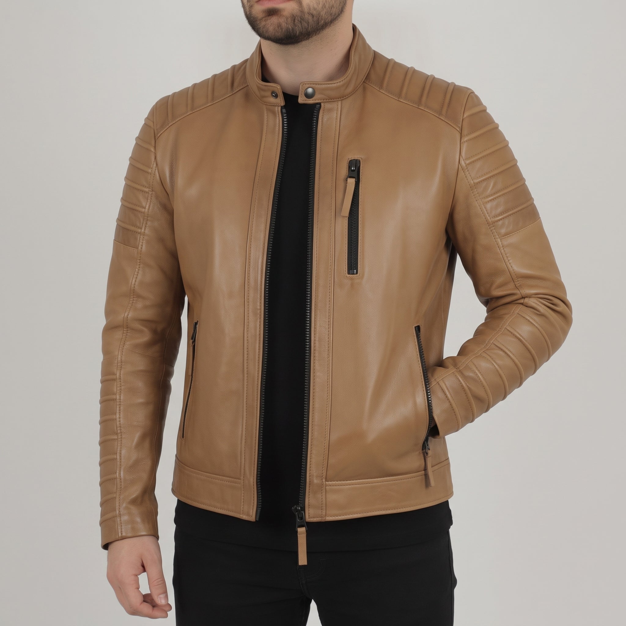 Men's Tan Quilted Leather Biker Jacket — Alcott