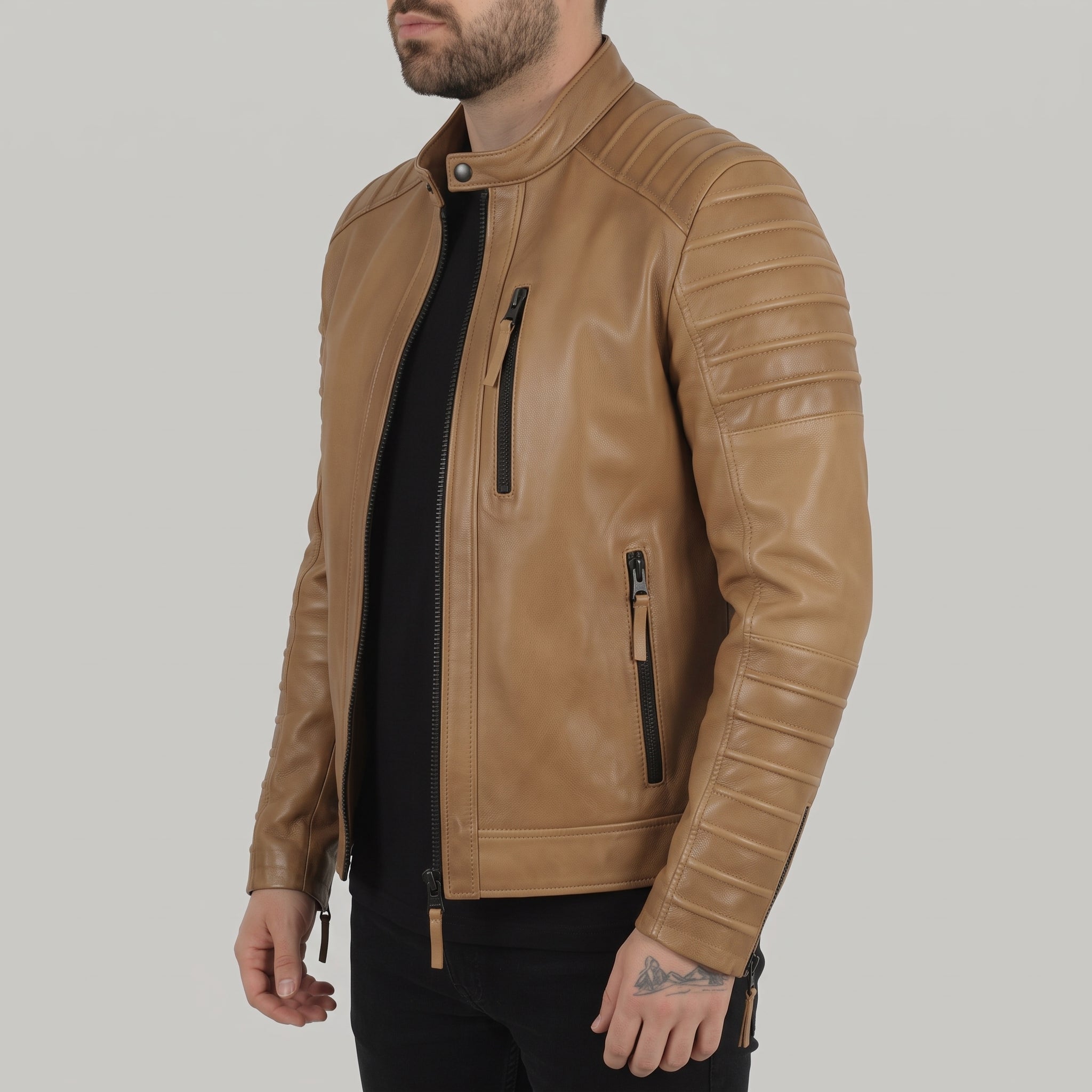 Men's Tan Quilted Leather Biker Jacket — Alcott