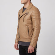 Men's Tan Quilted Leather Biker Jacket — Bevington