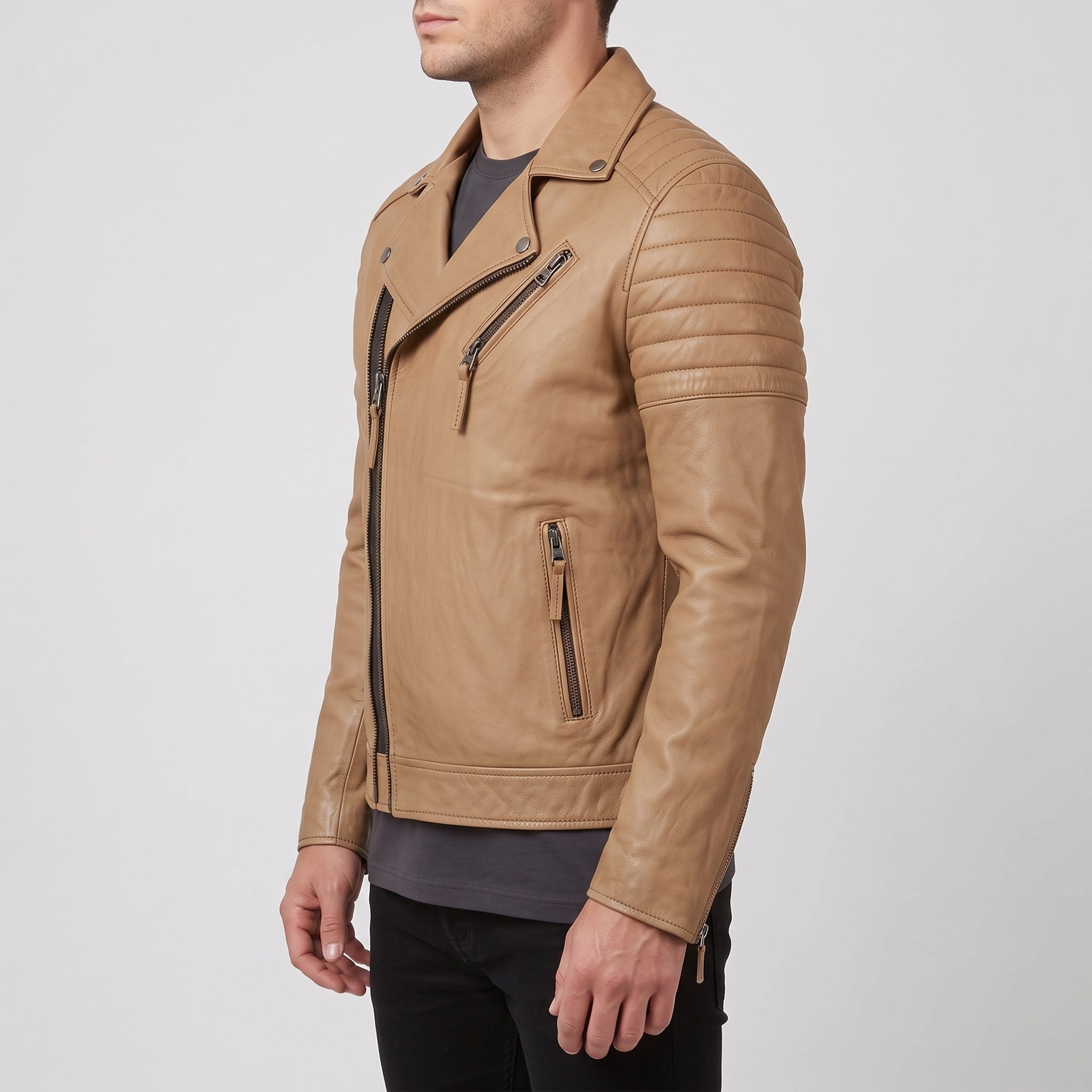 Men's Tan Quilted Leather Biker Jacket — Bevington