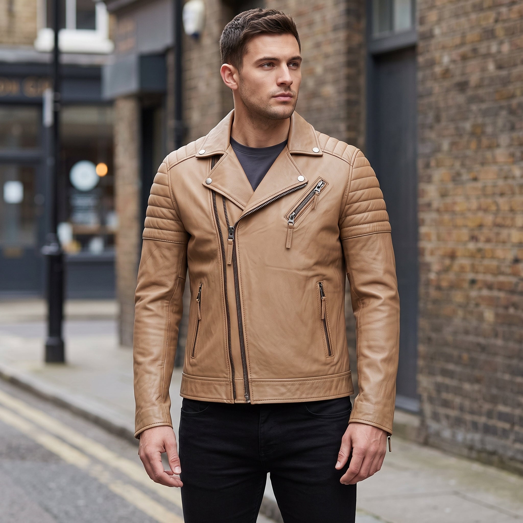 Men's Tan Quilted Leather Biker Jacket — Bevington