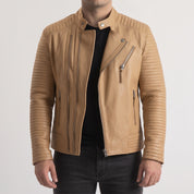 Men's Tan Quilted Leather Biker Jacket — Pilton