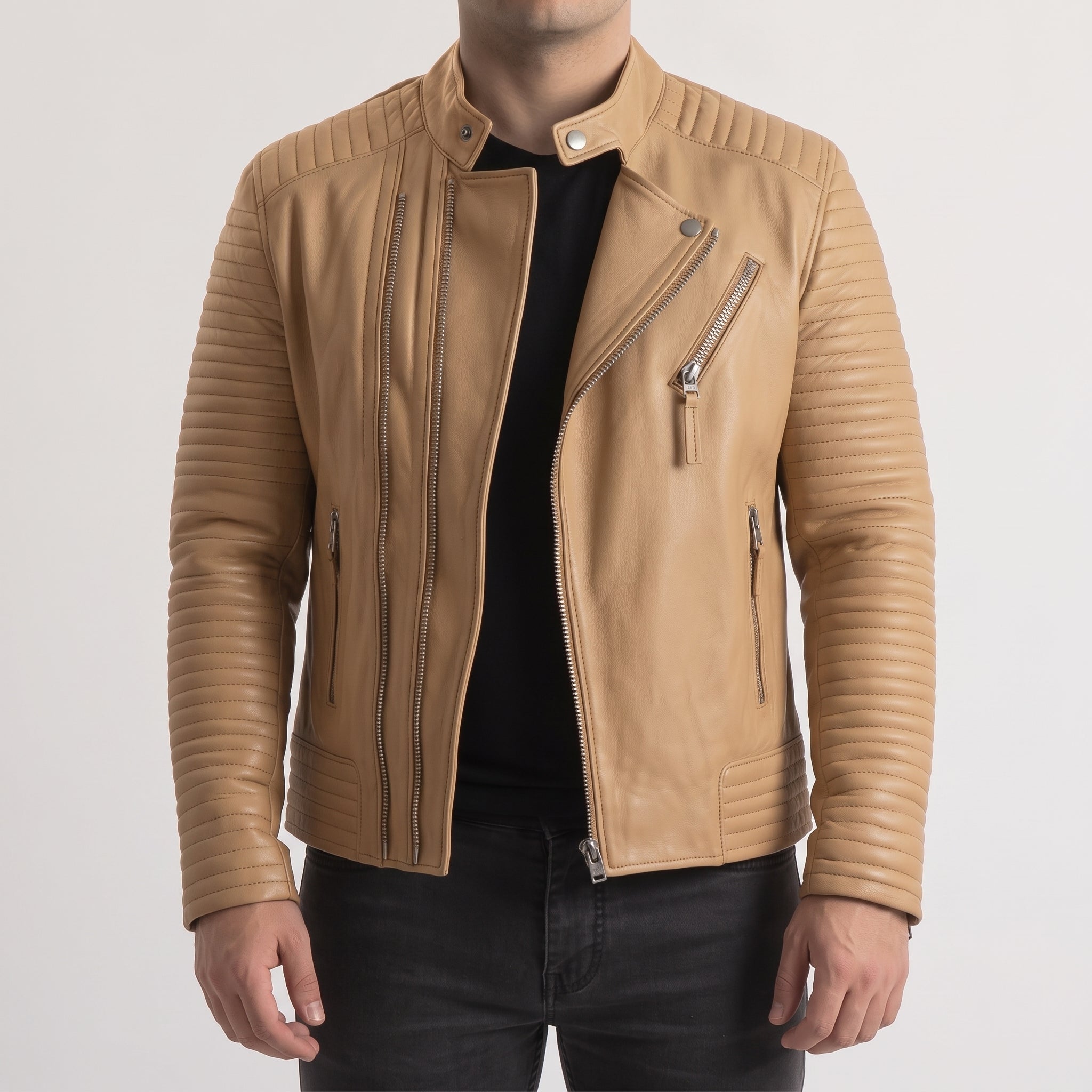 Men's Tan Quilted Leather Biker Jacket — Pilton