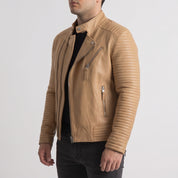 Men's Tan Quilted Leather Biker Jacket — Pilton