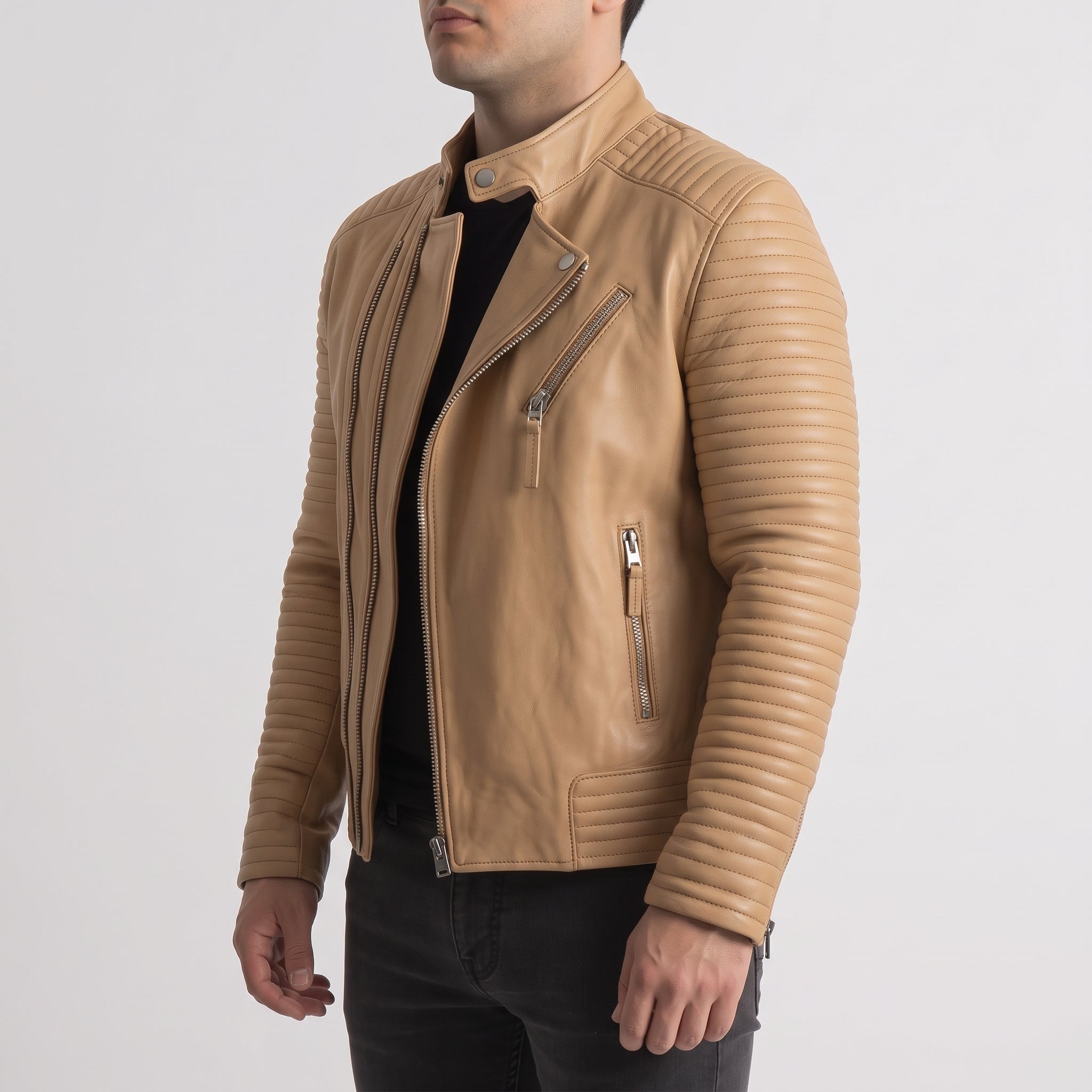 Men's Tan Quilted Leather Biker Jacket — Pilton