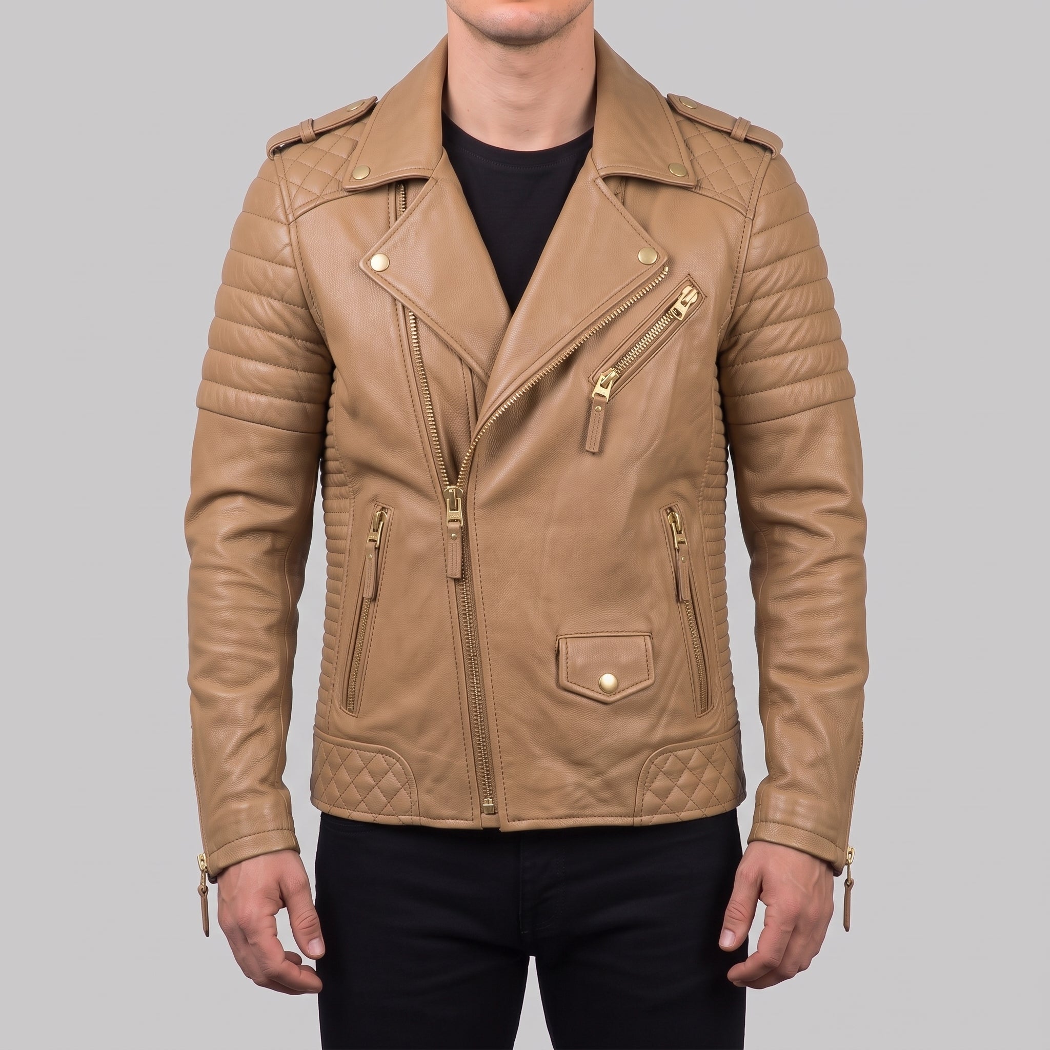 Men's Tan Quilted Leather Biker Jacket — Turberville
