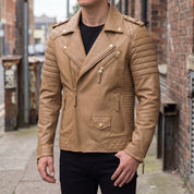 Men's Tan Quilted Leather Biker Jacket — Turberville