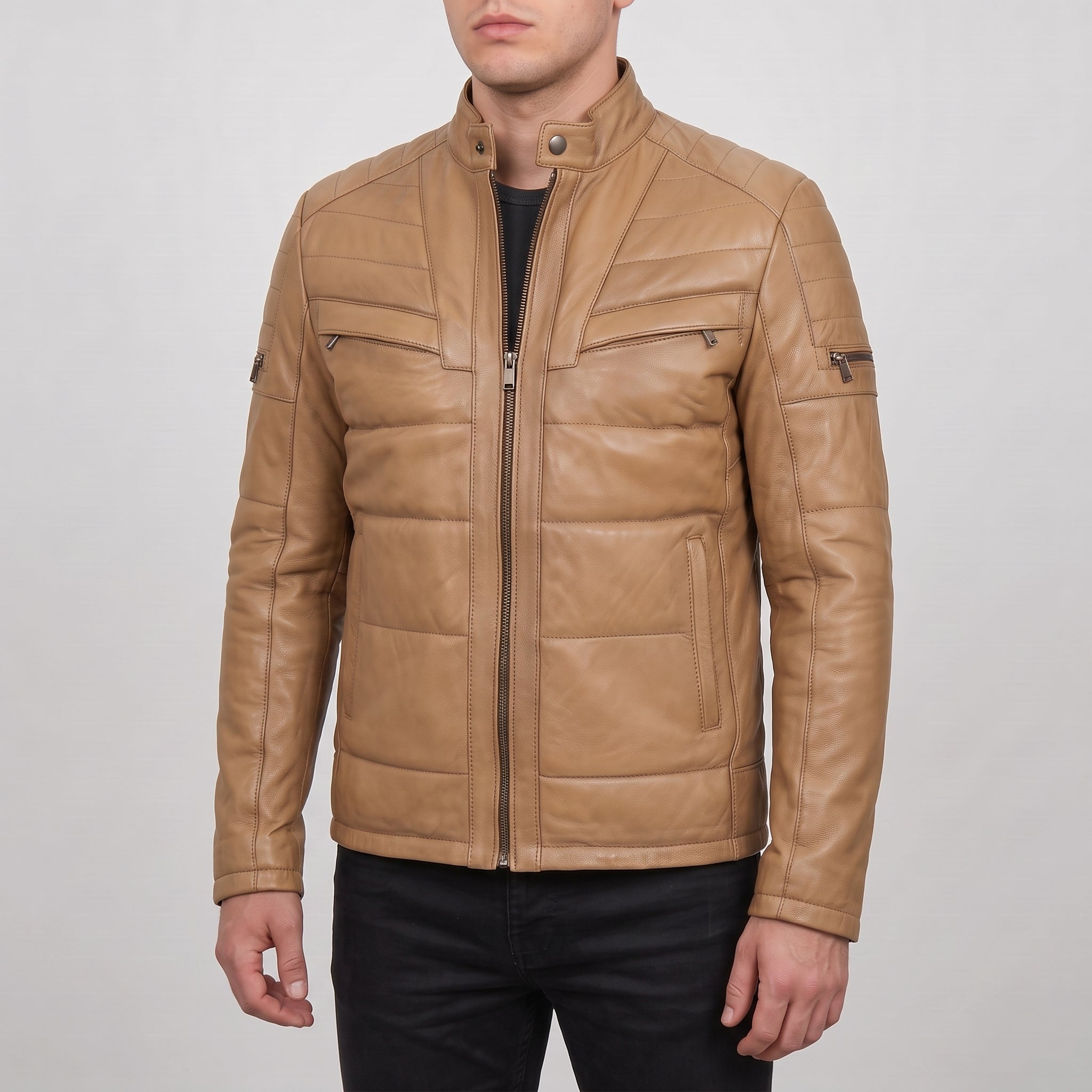 Men's Tan Quilted Leather Cafe Racer Jacket — Arlesford
