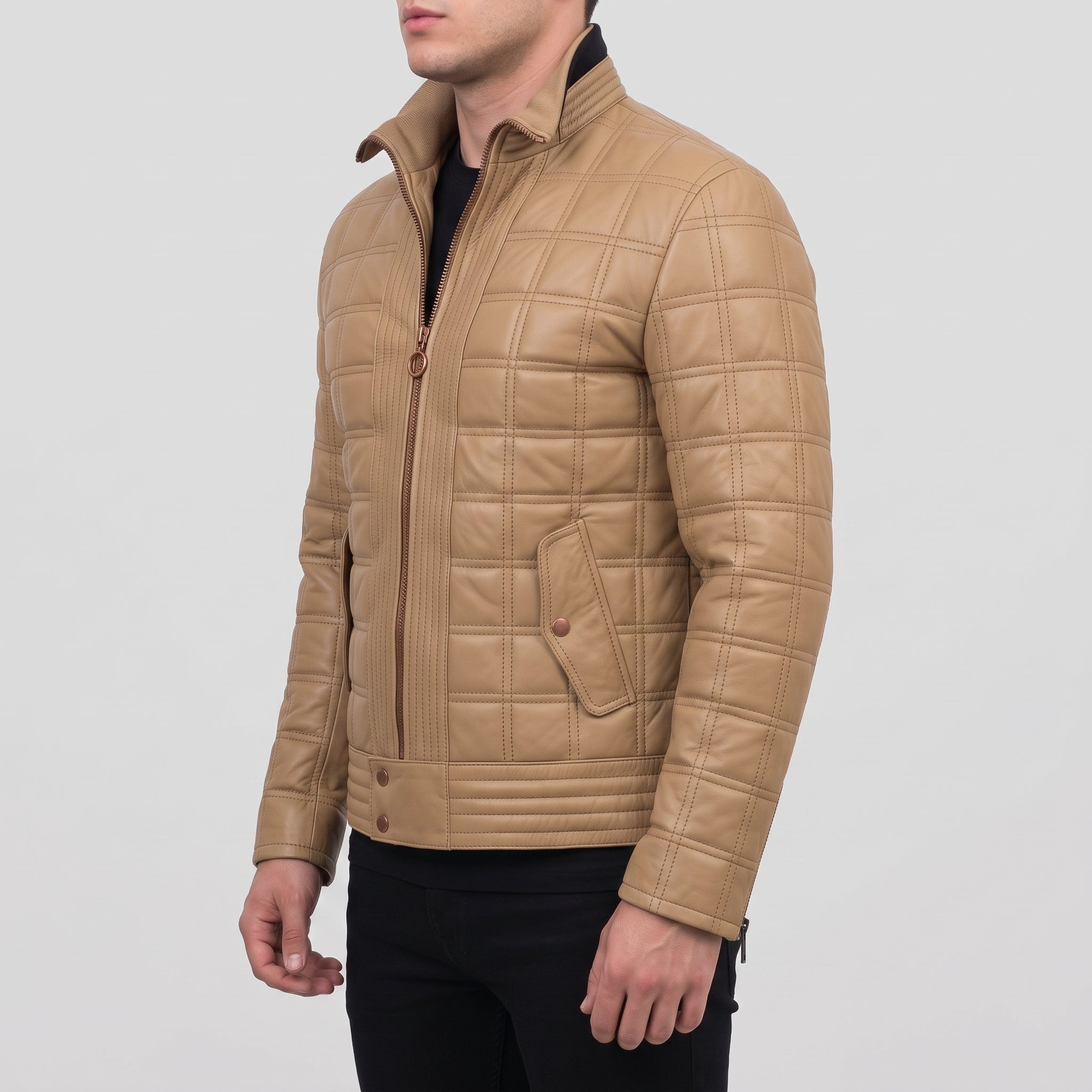 Men's Tan Quilted Leather Cafe Racer Jacket — Blayney
