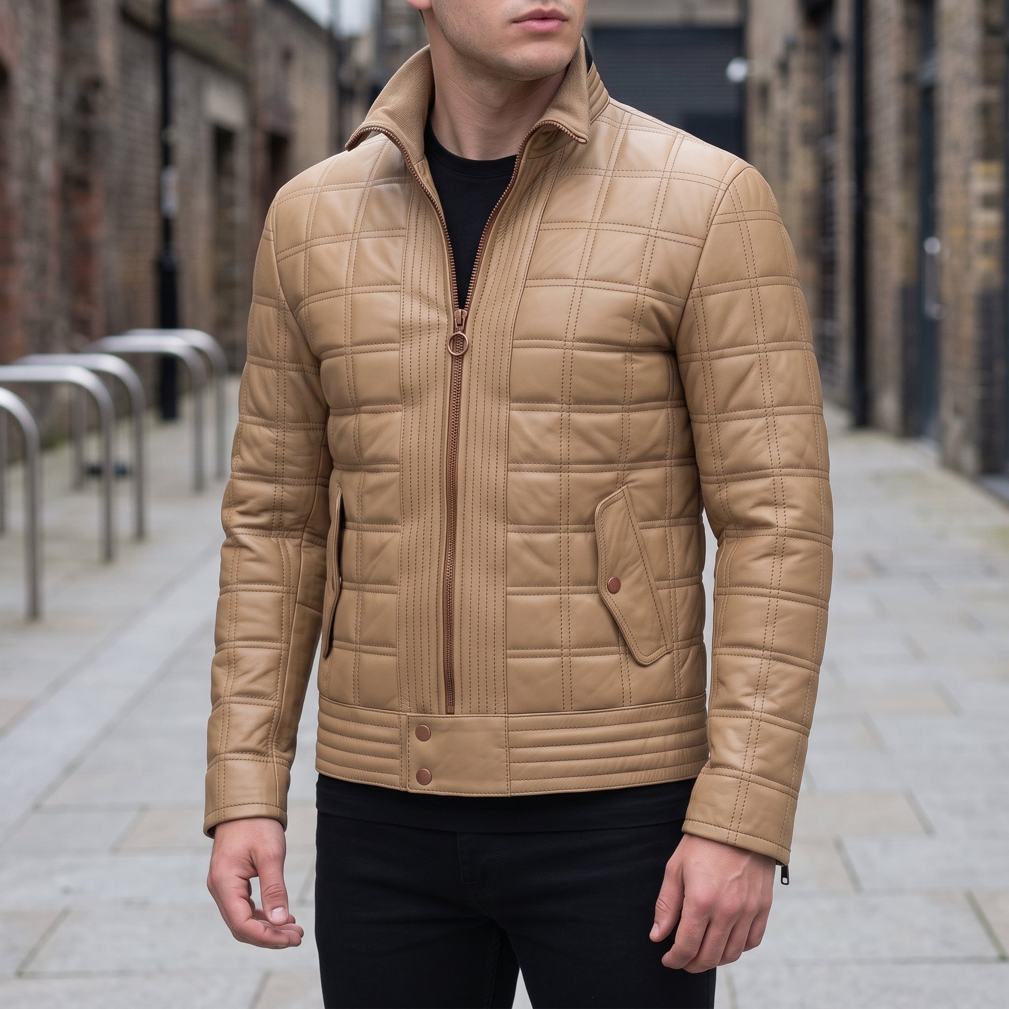 Men's Tan Quilted Leather Cafe Racer Jacket — Blayney