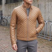 Men's Tan Quilted Leather Cafe Racer Jacket — Ferrand