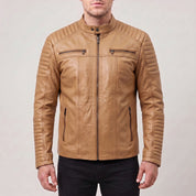 Men's Tan Quilted Leather Cafe Racer Jacket — Gedge