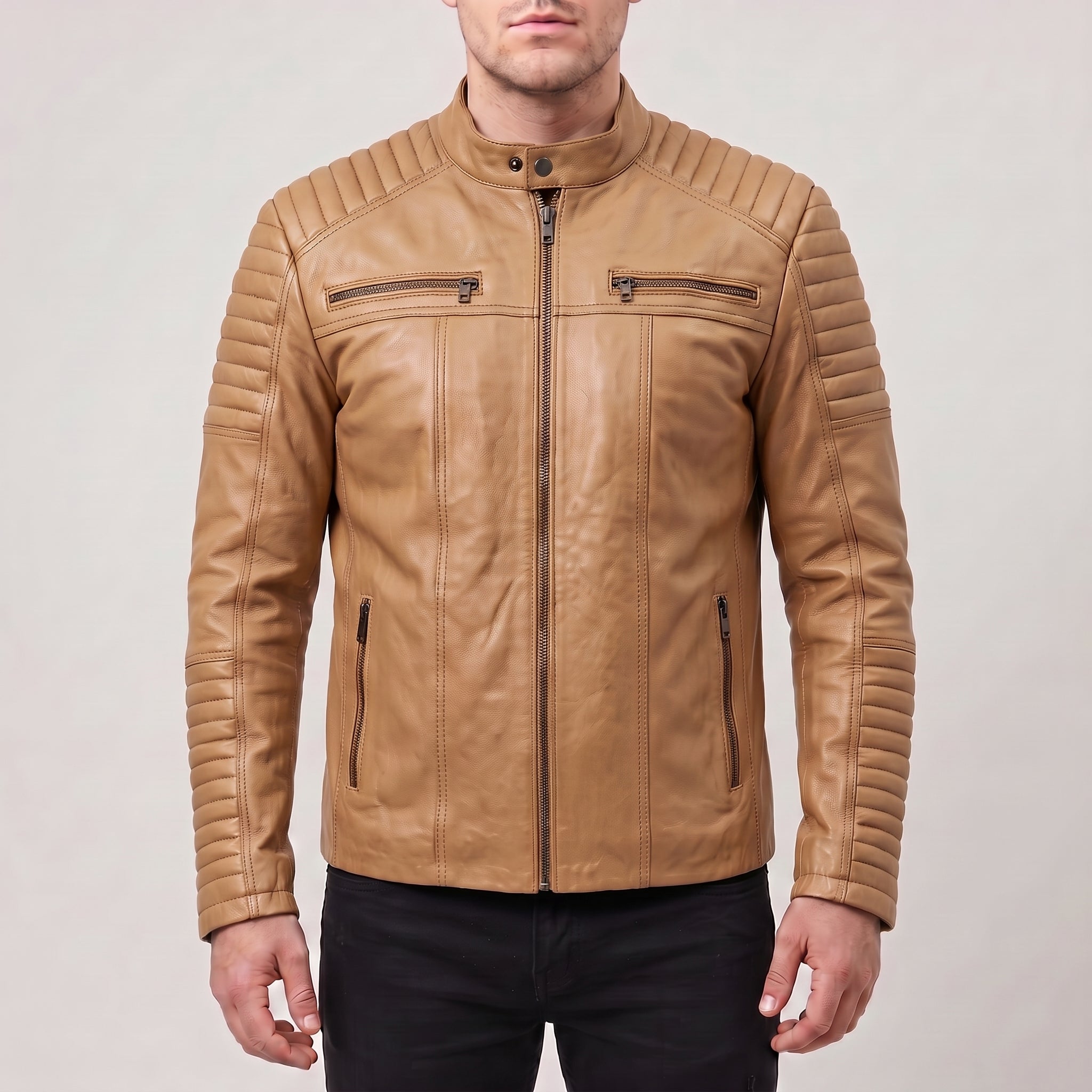 Men's Tan Quilted Leather Cafe Racer Jacket — Gedge