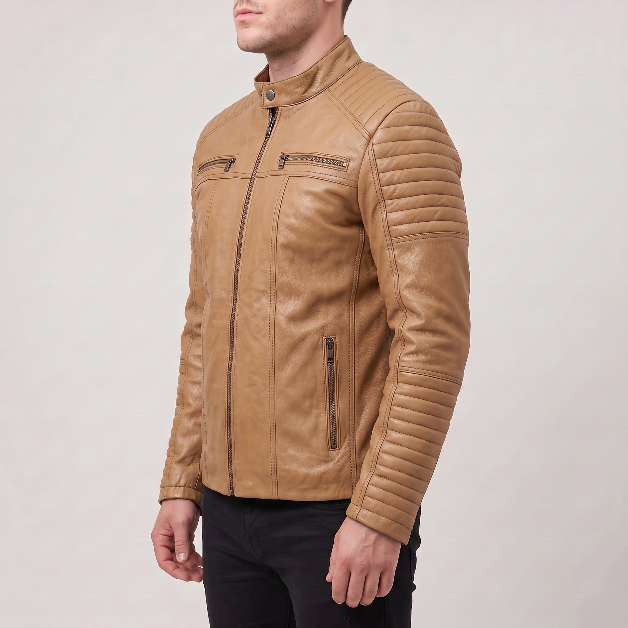 Men's Tan Quilted Leather Cafe Racer Jacket — Gedge