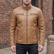 Men's Tan Quilted Leather Cafe Racer Jacket — Gedge