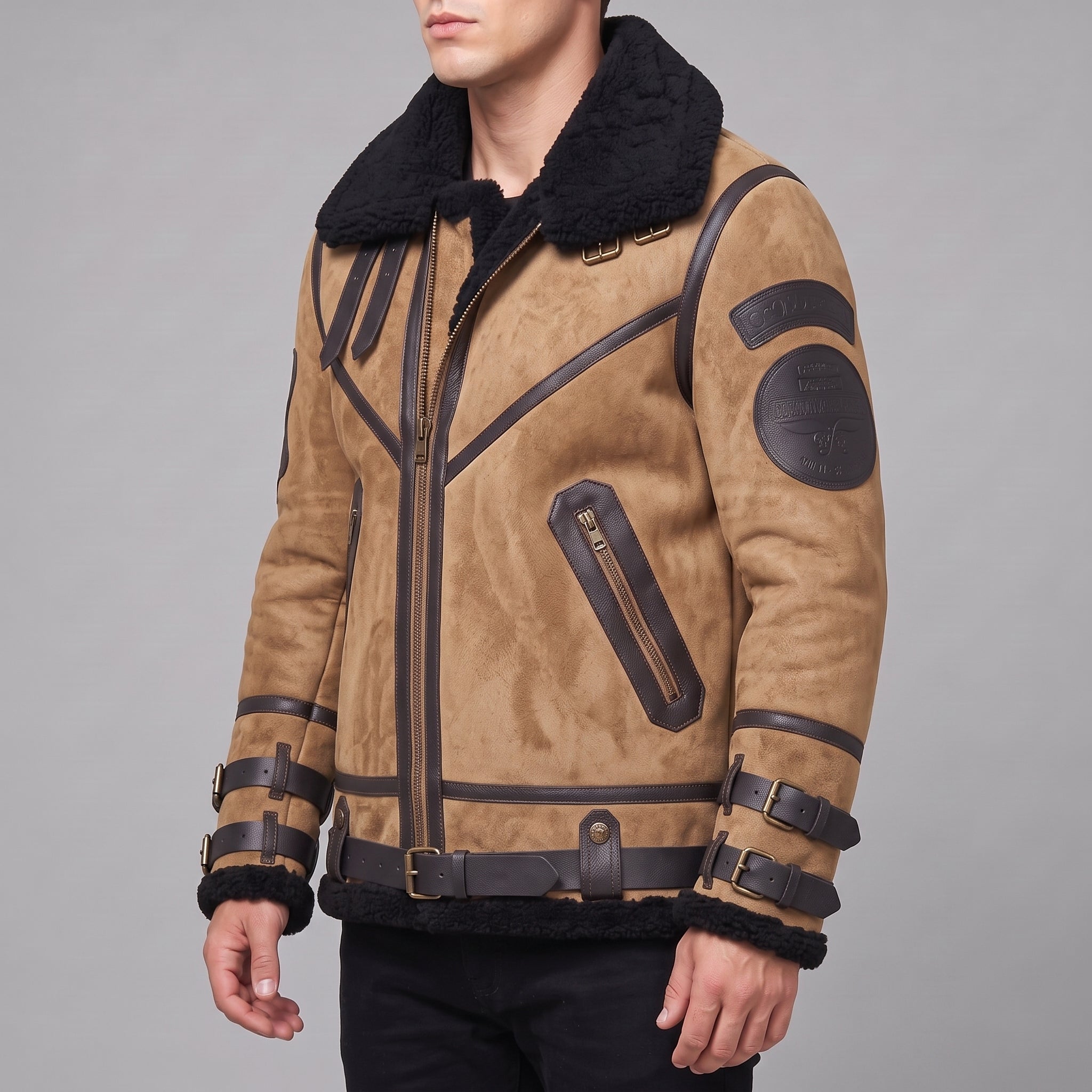 Men's Tan Shearling-Lined Suede B-3 Bomber Jacket — Lupton