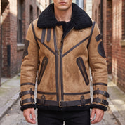 Men's Tan Shearling-Lined Suede B-3 Bomber Jacket — Lupton