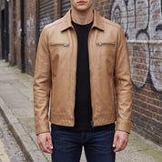 Men's Tan Shirt Collar Leather Biker Jacket — Bedminster