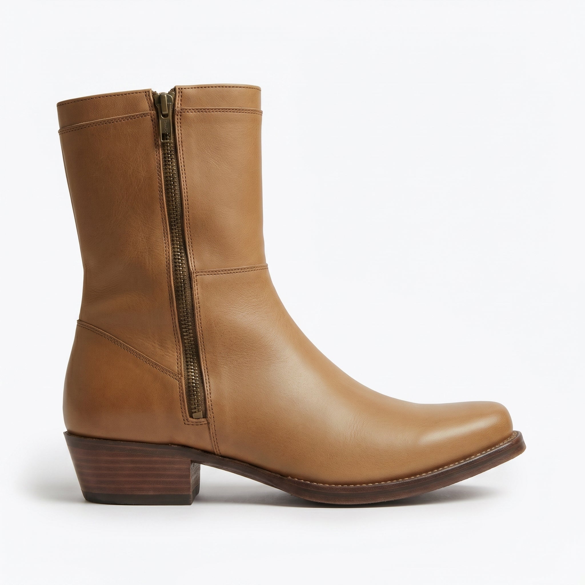 Men's Tan Plain-Toe Leather Biker Boots — Nicolson