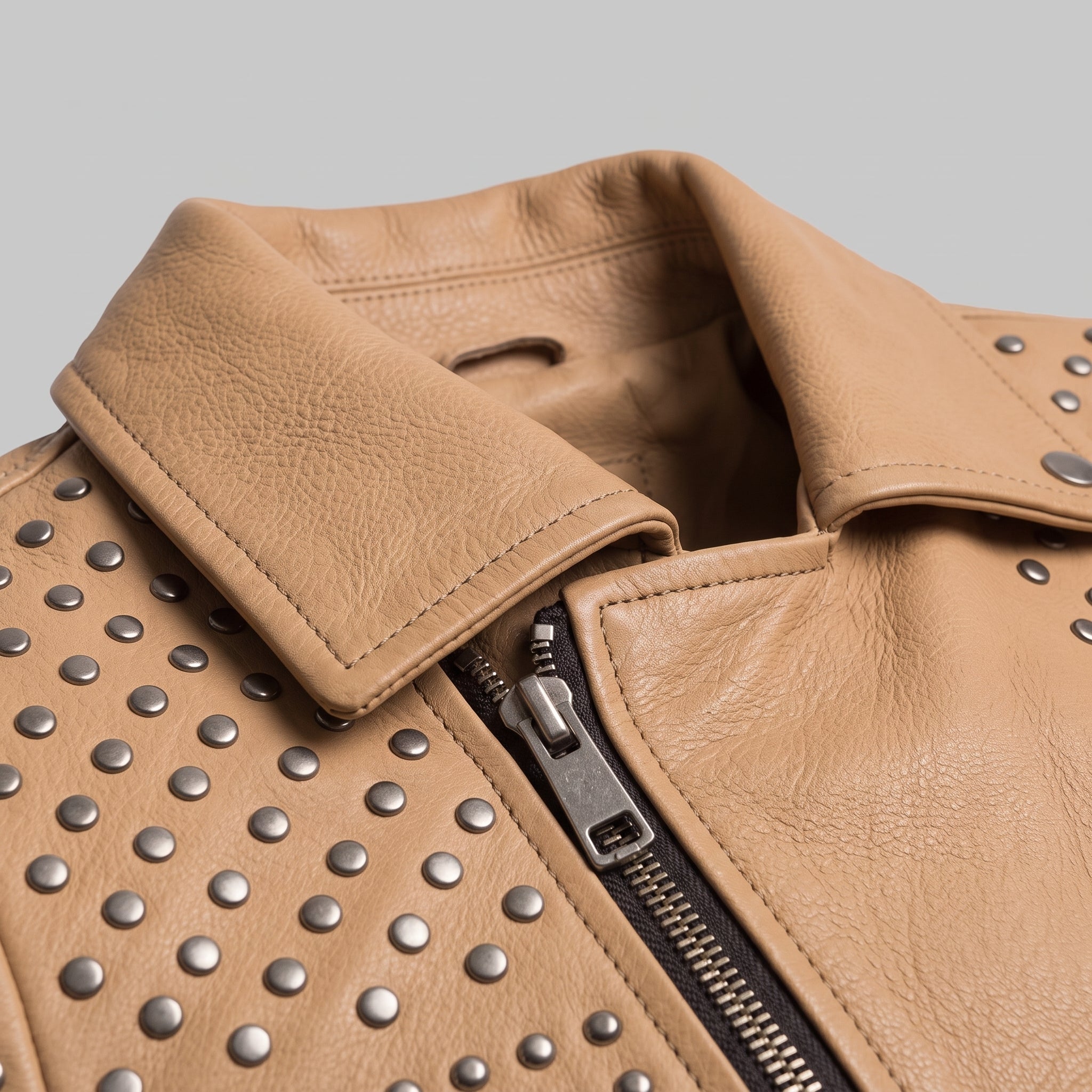Men's Tan Studded Leather Biker Jacket — Abberidge